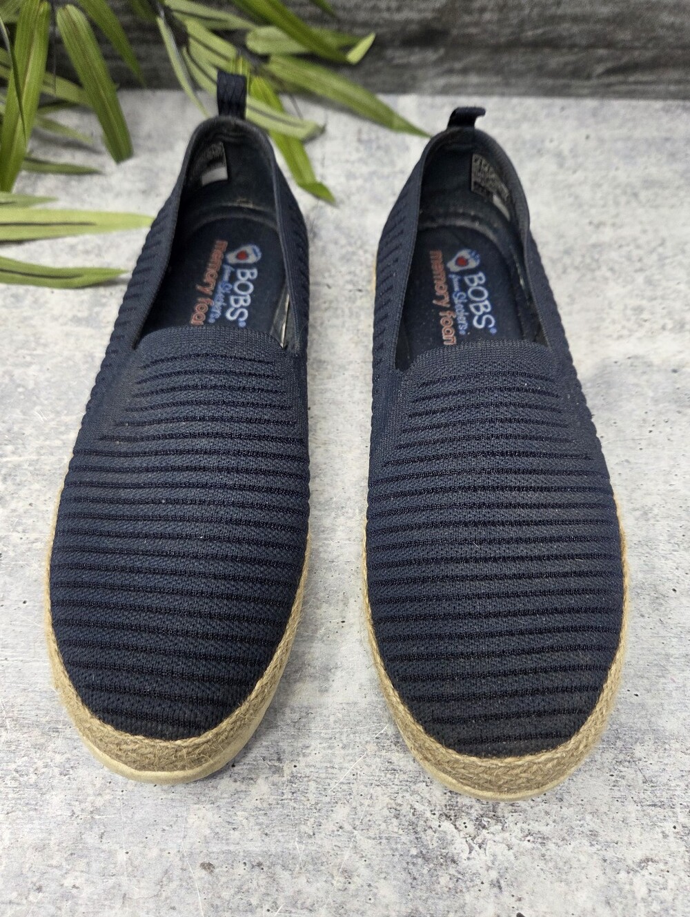 Bobs Skechers Navy Blue Flexpadrille Slip-On Shoes Jute Wrapped Midsole Size 9